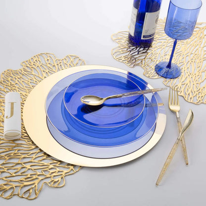 |Round Transparent Bartenura Blue • Gold Plastic Plates / 10 Pack