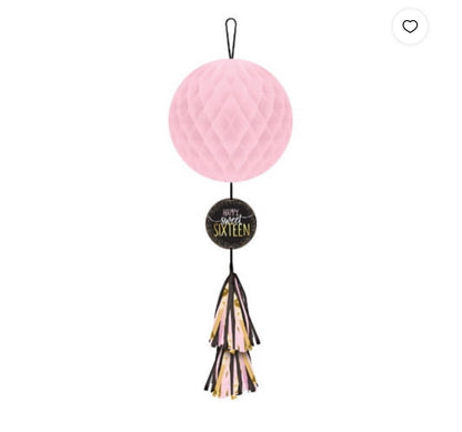 METALLIC GOLD & PINK SWEET 16 HONEYCOMB BALL WITH TAIL