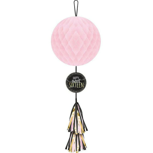 METALLIC GOLD & PINK SWEET 16 HONEYCOMB BALL WITH TAIL