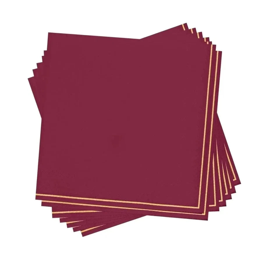 Cranberry Red with Gold Stripe Paper Cocktail Napkins | 20 Napkins