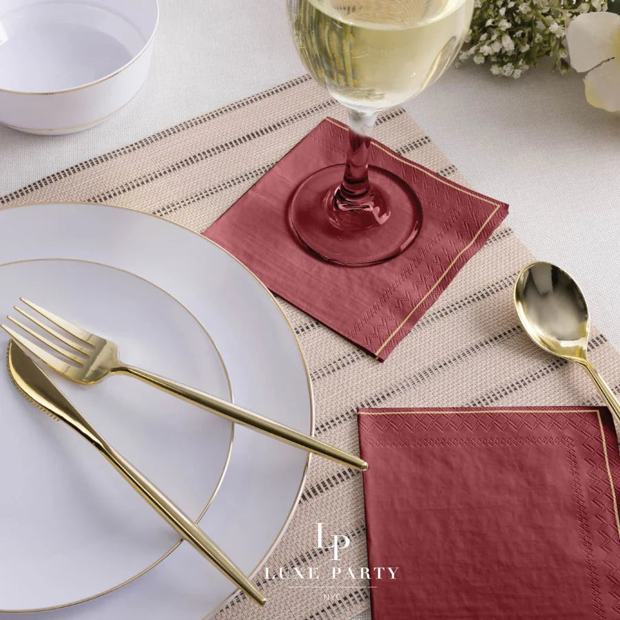 Cranberry Red with Gold Stripe Paper Cocktail Napkins | 20 Napkins