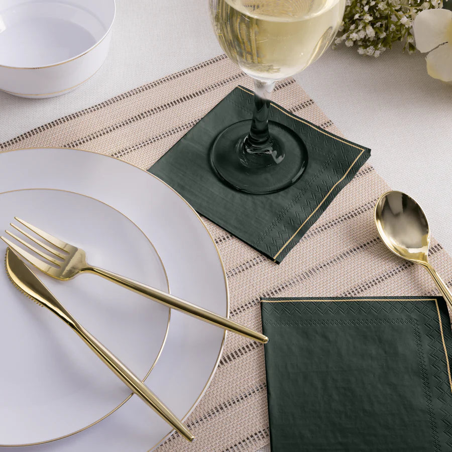 Emerald Green with Gold Stripe Paper Cocktail Napkins | 20 Napkins