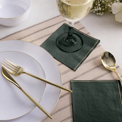 Emerald Green with Gold Stripe Paper Cocktail Napkins | 20 Napkins