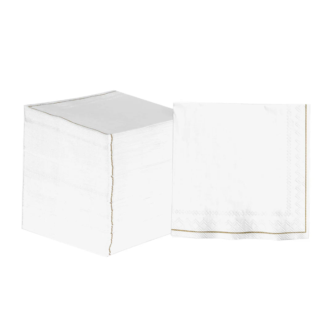 White with Gold Stripe Paper Cocktail Napkins | 20 Napkins