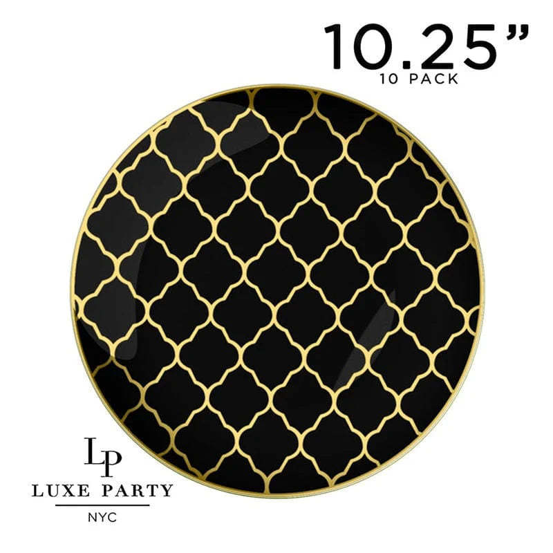 Round Black • Gold Lattice Pattern Plastic Plates | 10 Pack