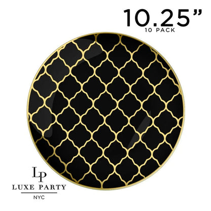 Round Black • Gold Lattice Pattern Plastic Plates | 10 Pack