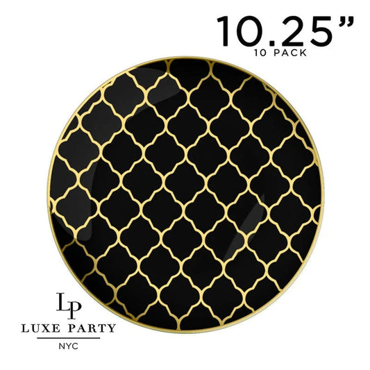 Round Black • Gold Lattice Pattern Plastic Plates | 10 Pack