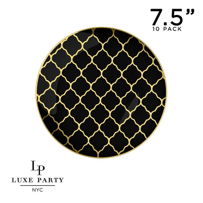 Round Black • Gold Lattice Pattern Plastic Plates | 10 Pack