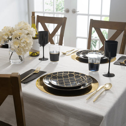 Round Black • Gold Lattice Pattern Plastic Plates | 10 Pack