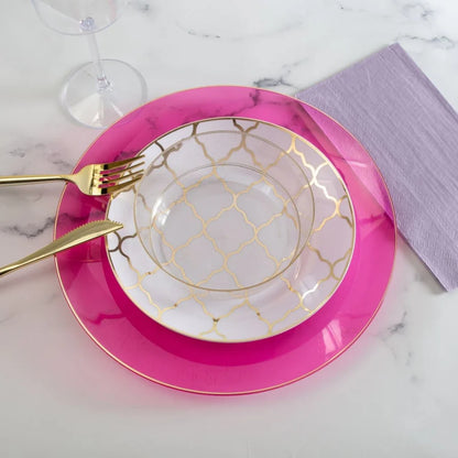 Round Transparent Hot Pink and Gold Plastic Plates | 10 Pack