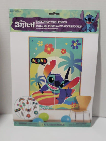 Stitch Aloha Happy Birthday Party Scene Setter Backdrop w/12 photo booth props