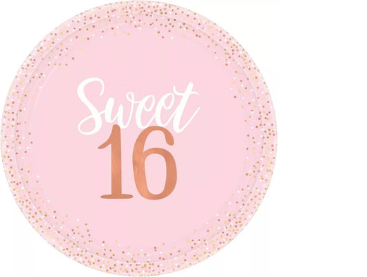 Metallic Rose Gold & Pink Sweet 16 Dinner Plates 8ct (10 1/2in Paper Plates)