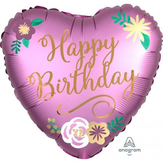 Happy Birthday Satin Heart With Flowers 18'' Balloon