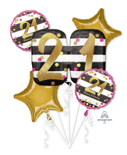 Pink & Gold 21st. Birthday Balloon Bouquet 5pc