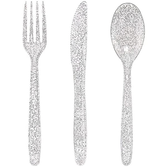 Silver Glitter Plastic Cutlery Sets - 18 Ct.
