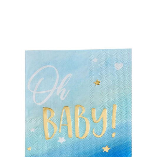 Metallic Blue & Gold Oh Baby Beverage Napkins