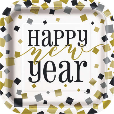 Black Gold Silver New Year Square 9" Dinner Plates 8ct - Foil Board*