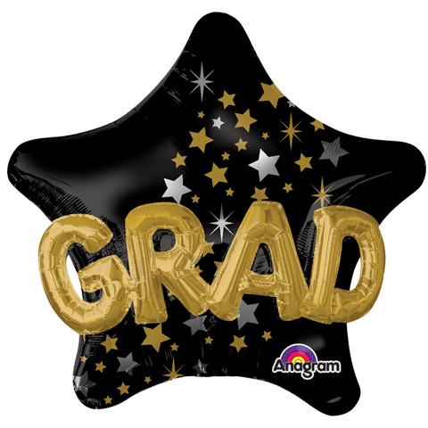 Graduation Balloon - 3D Black, Gold & Silver Star, 36in*