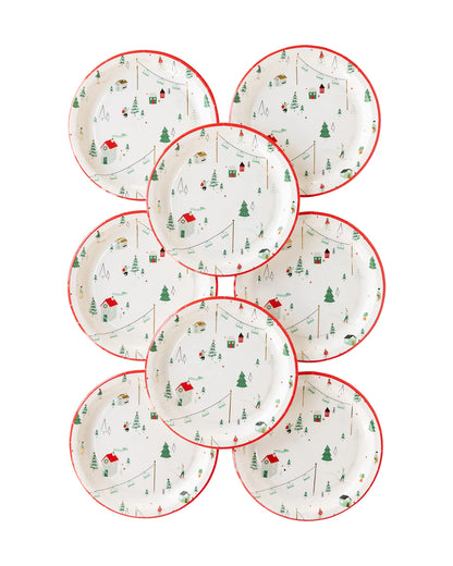 Cozy Lodge Winter Scene 8" Plates, Set of 8, with Gold Foil Details*