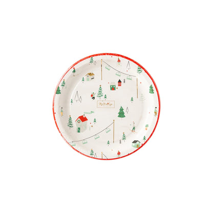 Cozy Lodge Winter Scene 8" Plates, Set of 8, with Gold Foil Details*