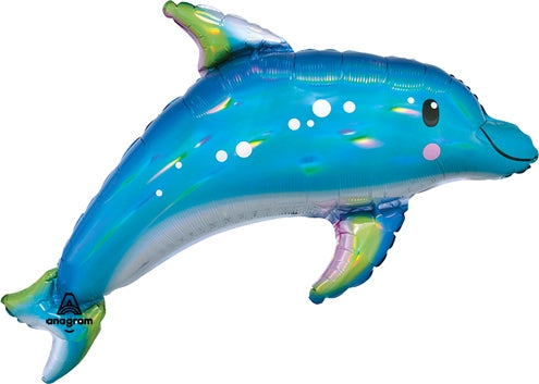 Iridescent Blue Holographic Dolphin Balloon, 29"