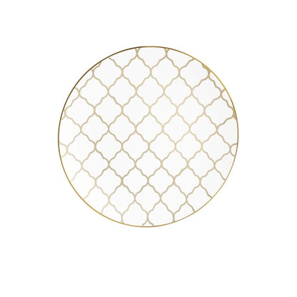 Round White • Gold Lattice Pattern Plastic Plates | 10 Pack