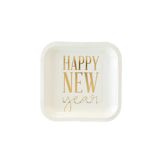 Happy New Year, 7" Plates with Gold Metallic Foil Accent, Set of 8 Plates*