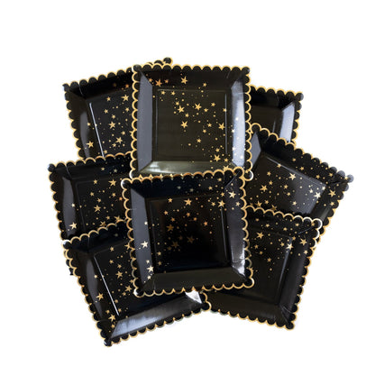 GOLD STARS BLACK SCALLOPED 9" PLATES*