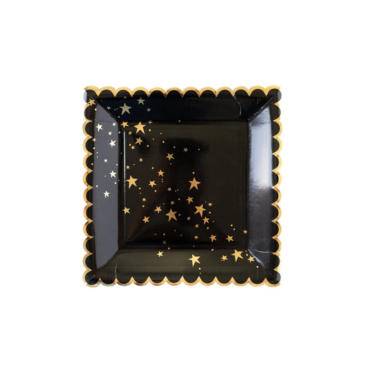 GOLD STARS BLACK SCALLOPED 9" PLATES*
