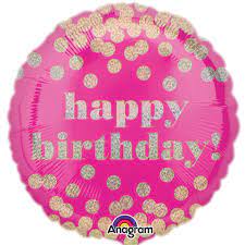 Hot Pink & Gold Dots Holographic Happy Birthday, 18" Balloon