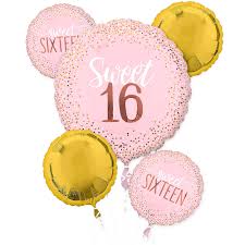 Metallic Gold & Pink Sweet 16 Balloon Bouquet 5pc