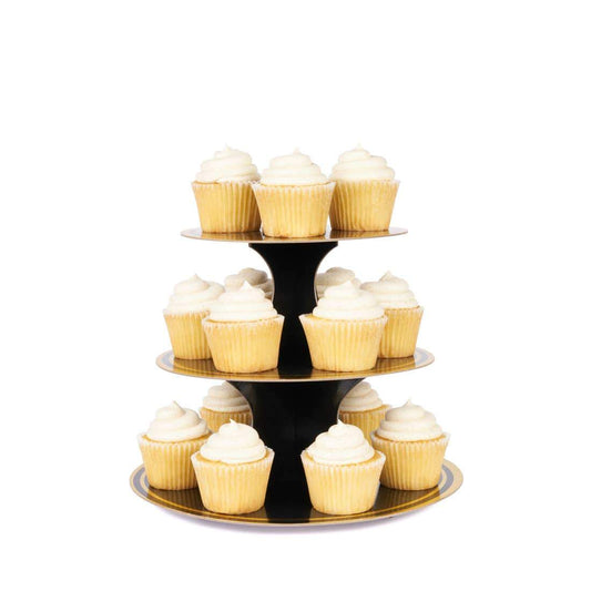 Noir and Gold Paper Cake Stand: 12" wide x 9.75" tall