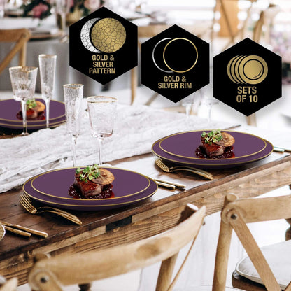 Round Purple • Gold Plastic Plates | 10 Pack
