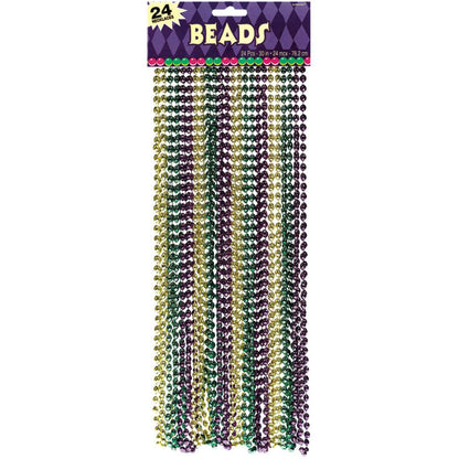Green, Purple and Gold Plastic Mardi Gras Bead Necklaces (24-Count)
