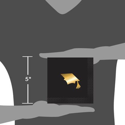 Foil Cap Graduation Paper Cocktail Napkins, 5 in, Black & Gold, 16ct