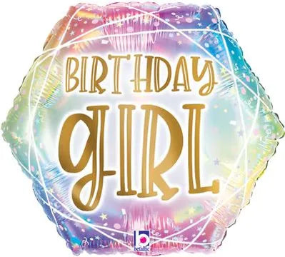 Birthday Girl Opal Pastel Geo, 18" Holographic Balloon