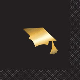 Foil Cap Graduation Paper Cocktail Napkins, 5 in, Black & Gold, 16ct