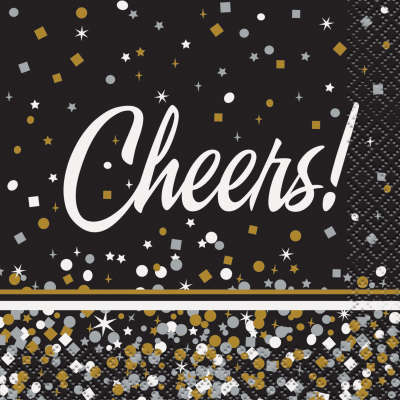 Black & Gold Confetti Cheers New Year Beverage Napkins 16ct