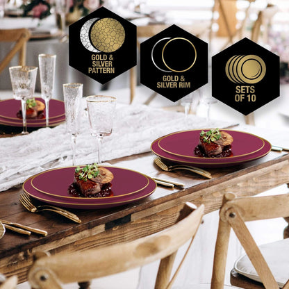 Round Cranberry • Gold Plastic Plates | 10 Pack