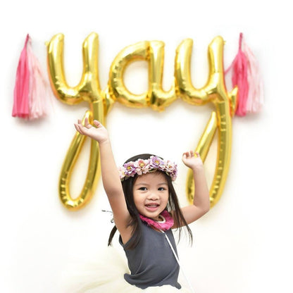 Air-Filled Gold or Silver Yay Cursive Letter Balloon Banner, 25in