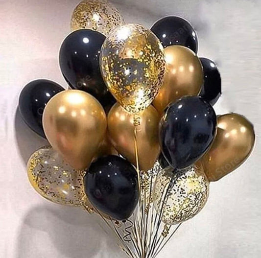 18pcs Metallic Black, Gold Confetti and Gold Balloon Bouquet
