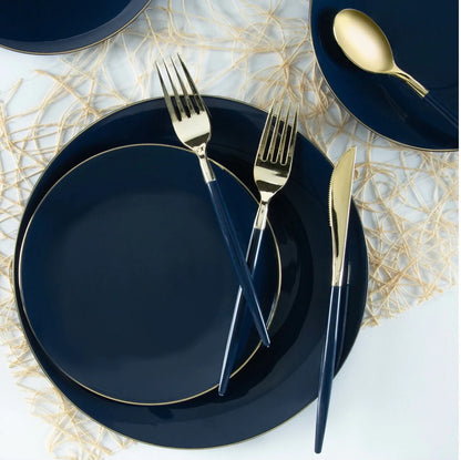 Round Navy • Gold Plastic Plates | 10 Pack