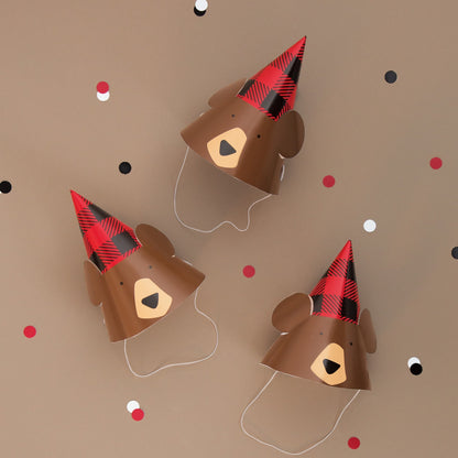 Buffalo Plaid Bear Lumberjack Birthday Party Hats, 8ct