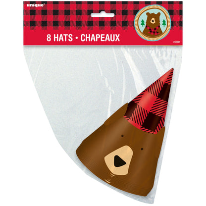Buffalo Plaid Bear Lumberjack Birthday Party Hats, 8ct