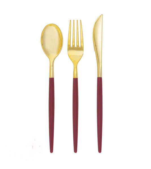 Cranberry • Gold Plastic Cutlery Set | 32 Pieces