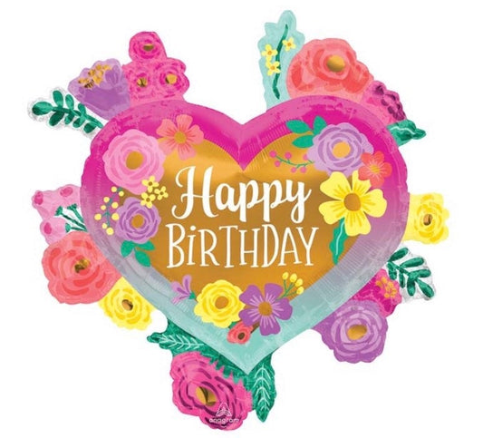 Floral Happy Birthday Flowers Heart Balloon 32in*