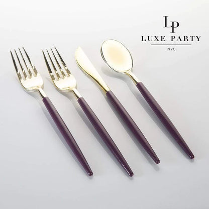 Purple • Gold Plastic Cutlery Set | 32 Pieces