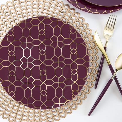 Round Purple • Gold Pattern Plastic Plates | 10 Pack