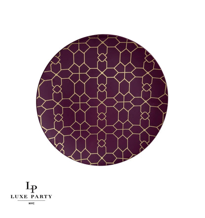 Round Purple • Gold Pattern Plastic Plates | 10 Pack
