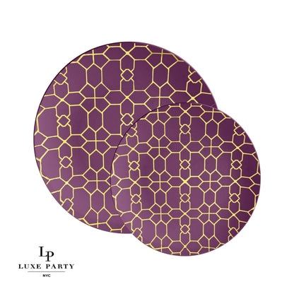 Round Purple • Gold Pattern Plastic Plates | 10 Pack
